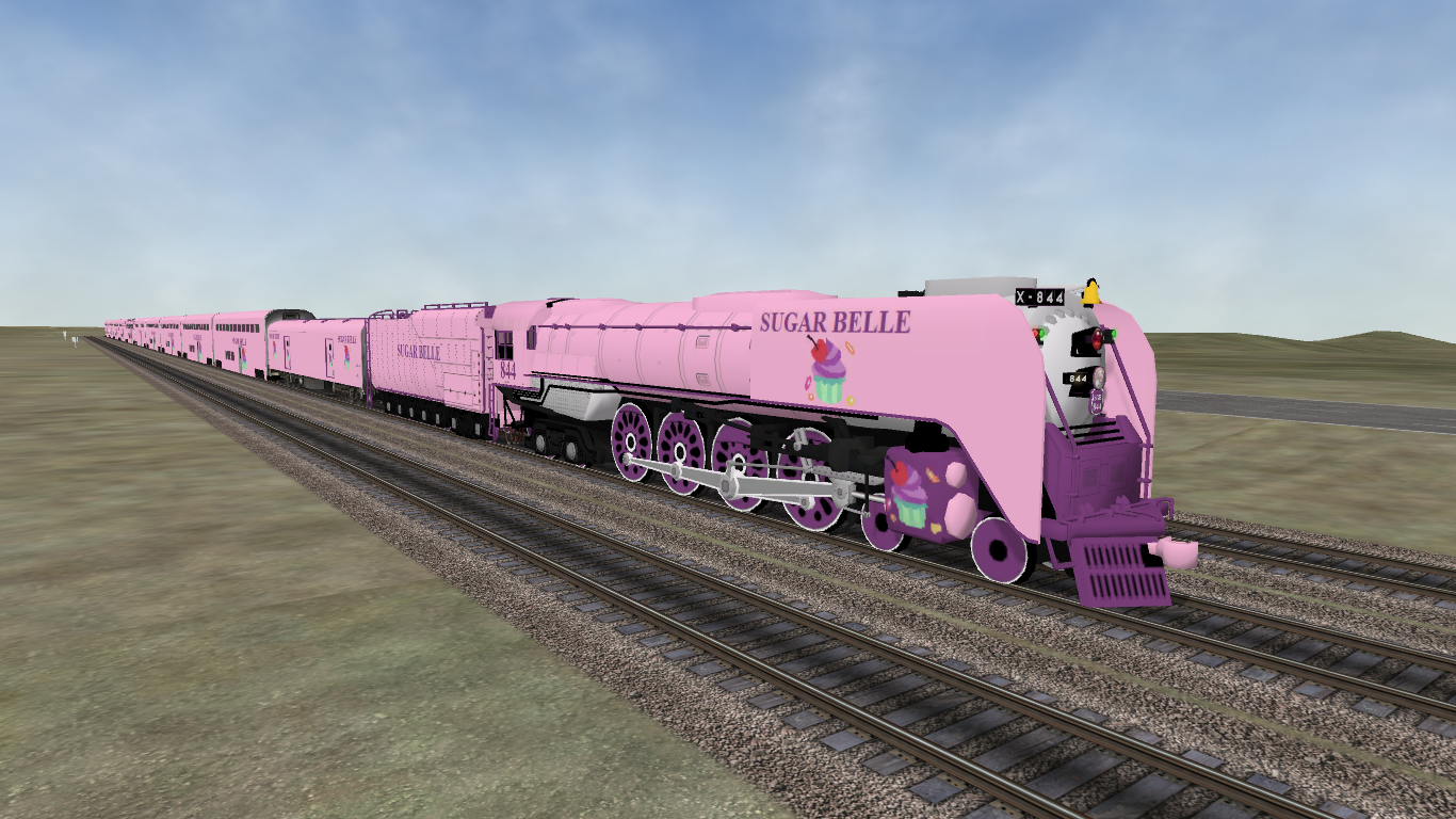 Sugar belle 844 digital image of a pink and purple steam locomotive with glossy paint and a cartoon cupcake design by trainbrony studio