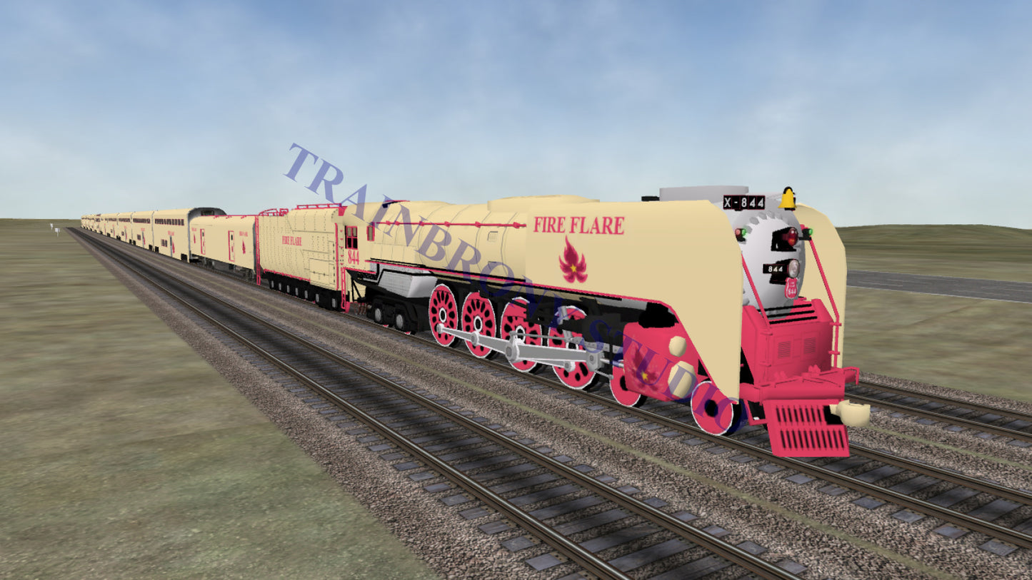 Digital image of cream and pink fire flare 844 steam locomotive with red wheels by trainbrony studio