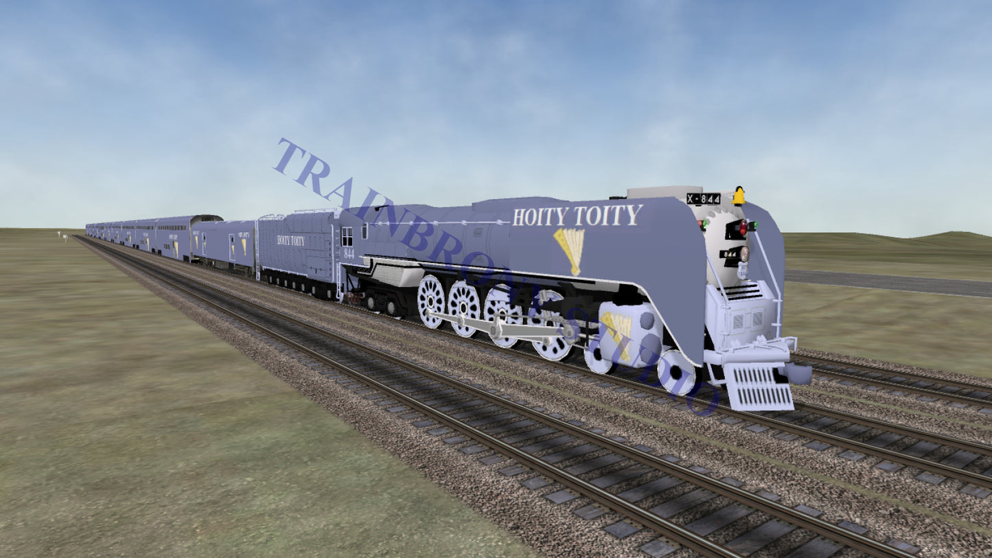 Digital image of gray and white hoity toity steam locomotive model 4601 with yellow feather emblem by trainbrony studio