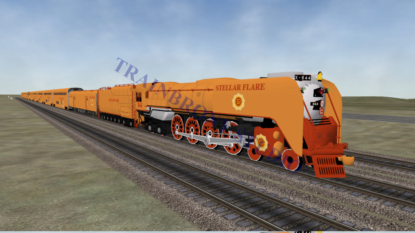 Orange and red stellar flare steam locomotive with floral decals digital image by trainbrony studio