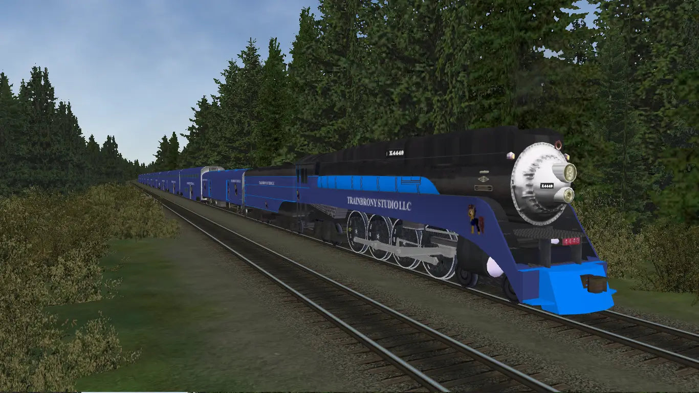 Blue and black steam locomotive with silver accents and trainsim studio llc branding in 4449 collection, big macintosh model