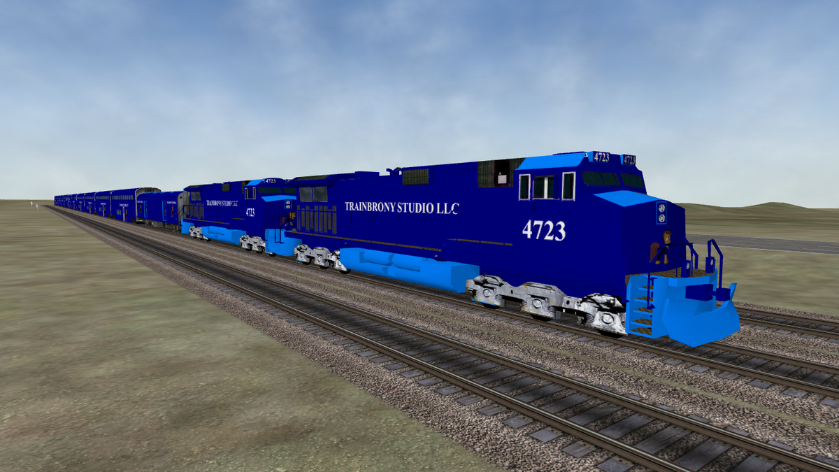 Blue locomotive with white numbering and transnorty studio llc branding featuring a cartoon character in adagio dazzle dash collection