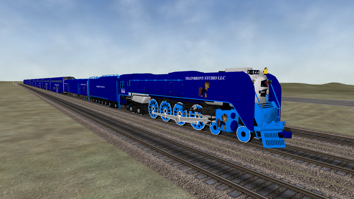Blue and white steam locomotive with transbrony studio llc branding glossy finish and detailed mechanical parts from trainbrony studio collection 844