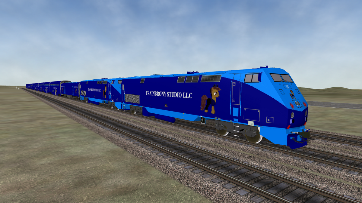 Blue locomotive with cartoon pony design and trainbony studio llc branding featuring adagio dazzle from p42 collection