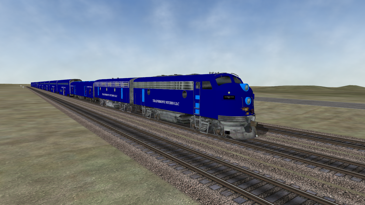 Blue streamlined F7 locomotive with silver accents and banffs lettering by trainbrony studio featuring big macintosh and adagio dazzle