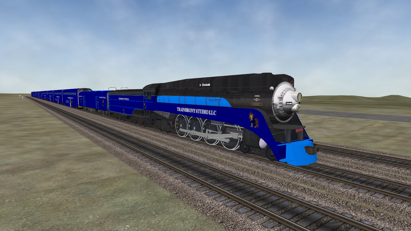 Blue and black steam locomotive with silver accents and trainsim studio llc branding in 4449 collection, big macintosh model