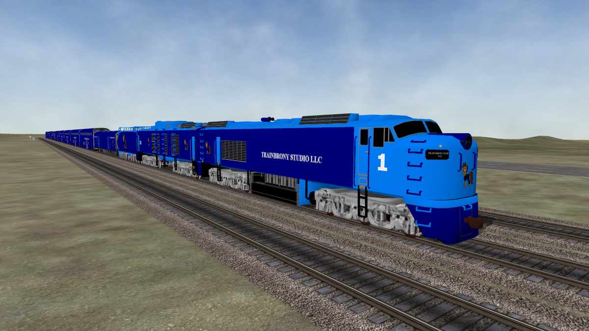 Blue locomotive with transitions studio llc branding and number 1 from adagio dazzle big blow collection by trainbrony studio