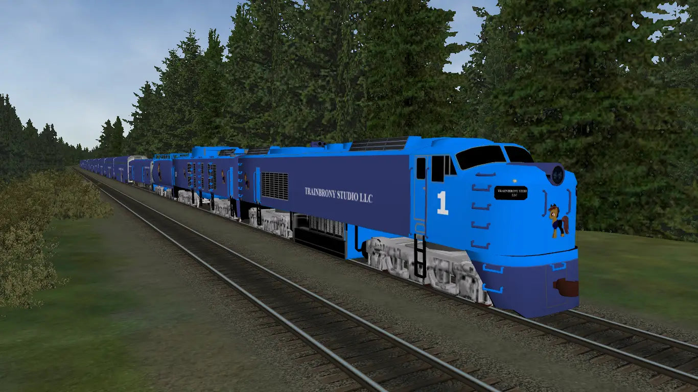 Blue locomotive with transitions studio llc branding and number 1 from adagio dazzle big blow collection by trainbrony studio