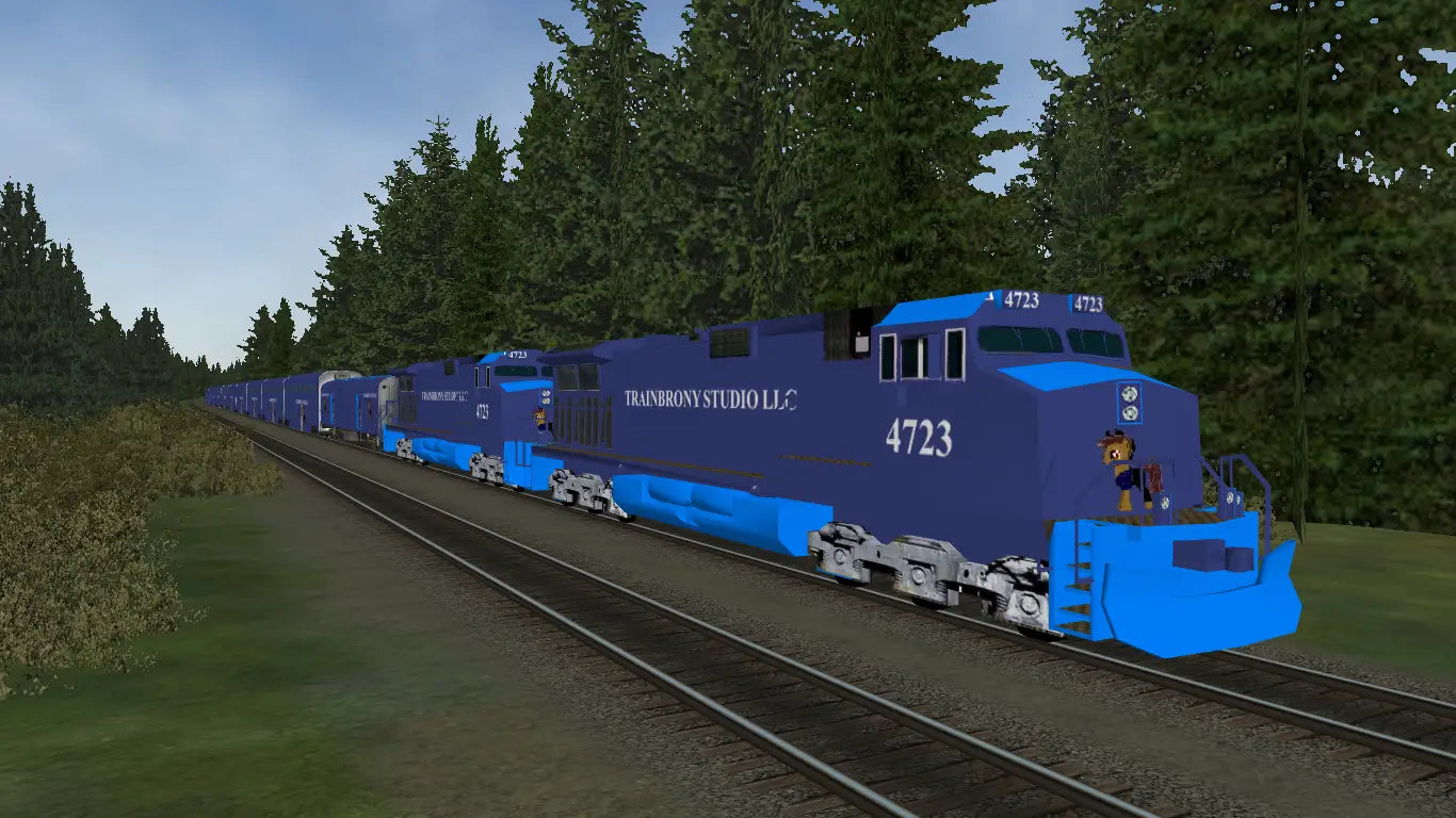 Blue locomotive with white numbering and transnorty studio llc branding featuring a cartoon character in adagio dazzle dash collection