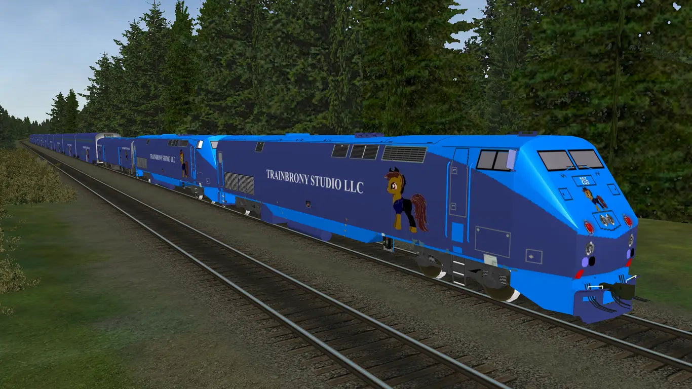 Blue locomotive with cartoon pony design and trainbony studio llc branding featuring adagio dazzle from p42 collection