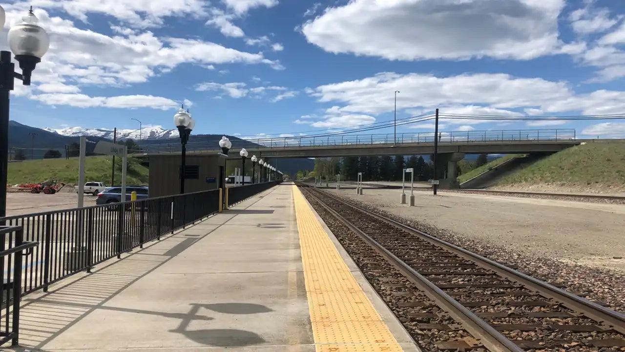 Train platform with railroad tracks and a pedestrian overpass.